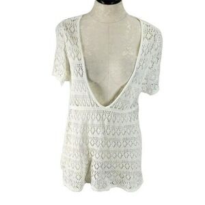 Stamp 10 White Crochet Knit Deep V-Neck Tunic Top Cover Up Large